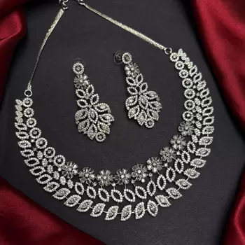 CZ Bridal Necklace and Earrings Set, Silver Crystal Statement Wedding Jewelry 2