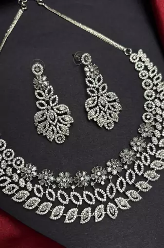 CZ Bridal Necklace and Earrings Set, Silver Crystal Statement Wedding Jewelry