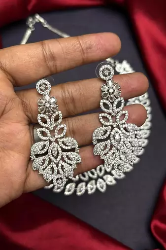 CZ Bridal Necklace and Earrings Set, Silver Crystal Statement Wedding Jewelry