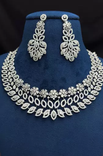 CZ Bridal Necklace and Earrings Set, Silver Crystal Statement Wedding Jewelry