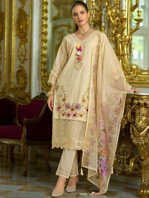 Nazrana Floral Thread Embroidered Schiffli Orangza Lace Kurta Trouser & Dupatta 1