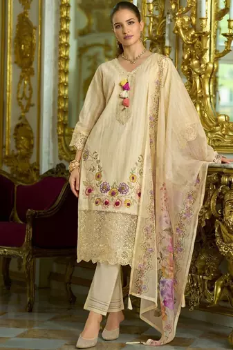 Nazrana Floral Thread Embroidered Schiffli Orangza Lace Kurta Trouser & Dupatta