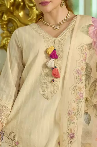 Nazrana Floral Thread Embroidered Schiffli Orangza Lace Kurta Trouser & Dupatta