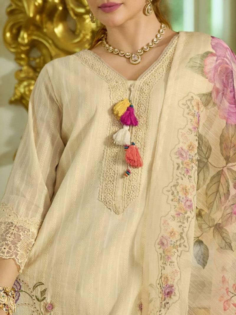 Nazrana Floral Thread Embroidered Schiffli Orangza Lace Kurta Trouser & Dupatta