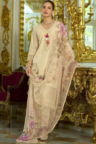 Nazrana Floral Thread Embroidered Schiffli Orangza Lace Kurta Trouser & Dupatta