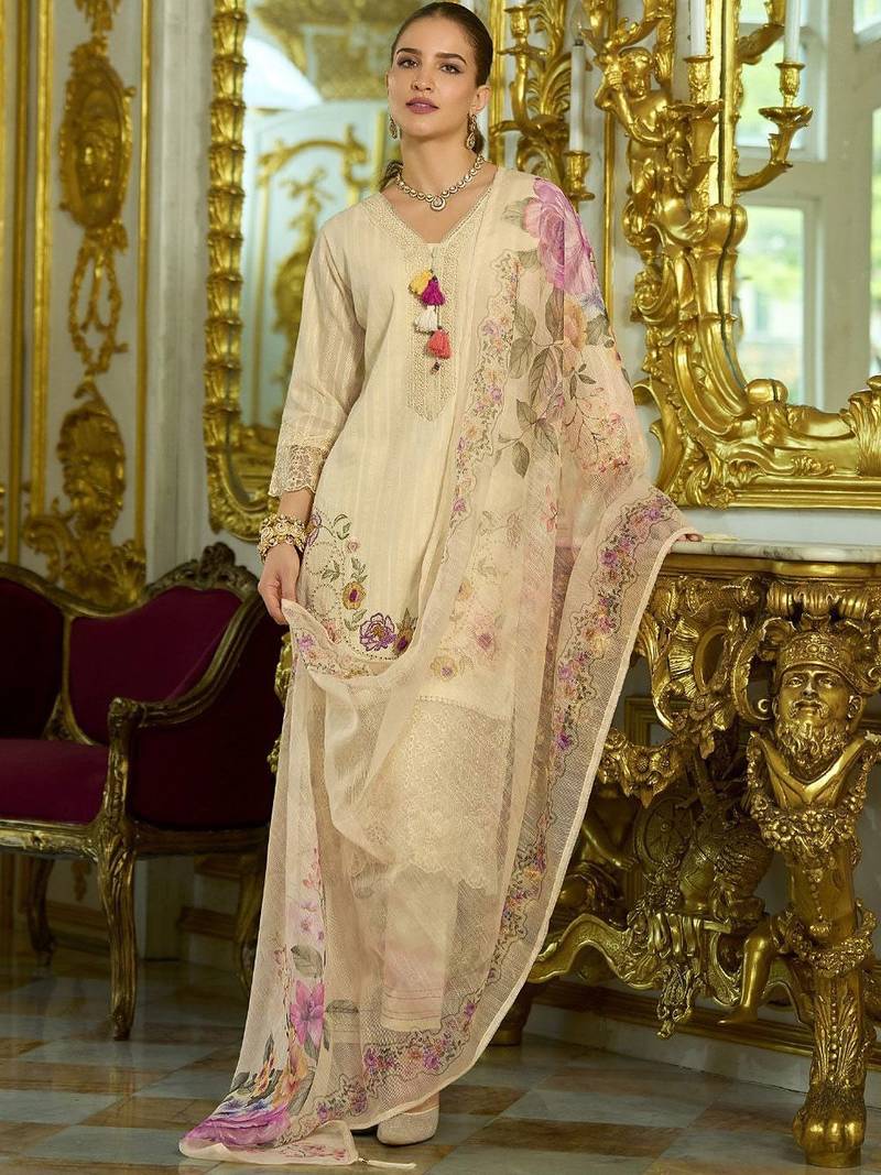 Nazrana Floral Thread Embroidered Schiffli Orangza Lace Kurta Trouser & Dupatta