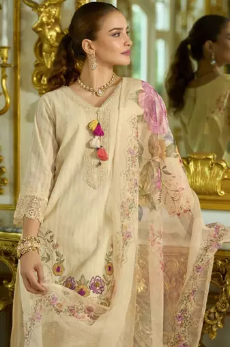 Nazrana Floral Thread Embroidered Schiffli Orangza Lace Kurta Trouser & Dupatta