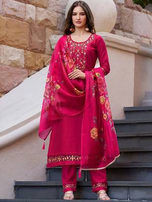 Floral Yoke Design Thread Work Straight Kurta With Trouser And Dupatta 1
