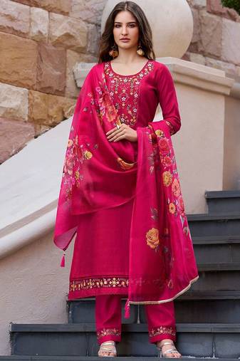 Floral Yoke Design Thread Work Straight Kurta With Trouser And Dupatta
