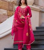 Floral Yoke Design Thread Work Straight Kurta With Trouser And Dupatta