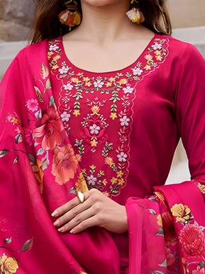 Floral Yoke Design Thread Work Straight Kurta With Trouser And Dupatta 2