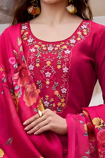 Floral Yoke Design Thread Work Straight Kurta With Trouser And Dupatta