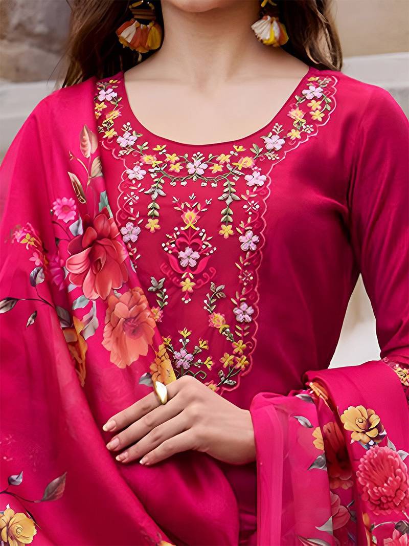 Floral Yoke Design Thread Work Straight Kurta With Trouser And Dupatta