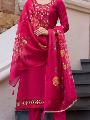 Floral Yoke Design Thread Work Straight Kurta With Trouser And Dupatta 3