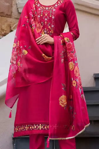 Floral Yoke Design Thread Work Straight Kurta With Trouser And Dupatta