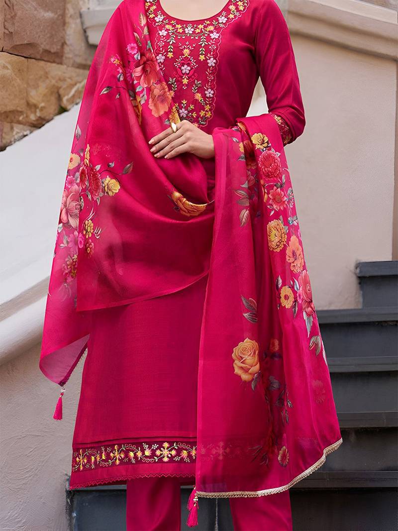 Floral Yoke Design Thread Work Straight Kurta With Trouser And Dupatta