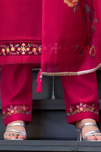 Floral Yoke Design Thread Work Straight Kurta With Trouser And Dupatta