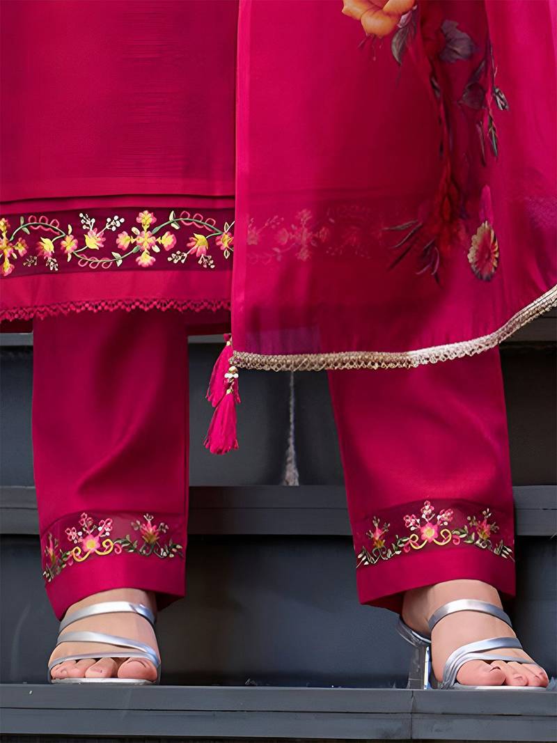 Floral Yoke Design Thread Work Straight Kurta With Trouser And Dupatta
