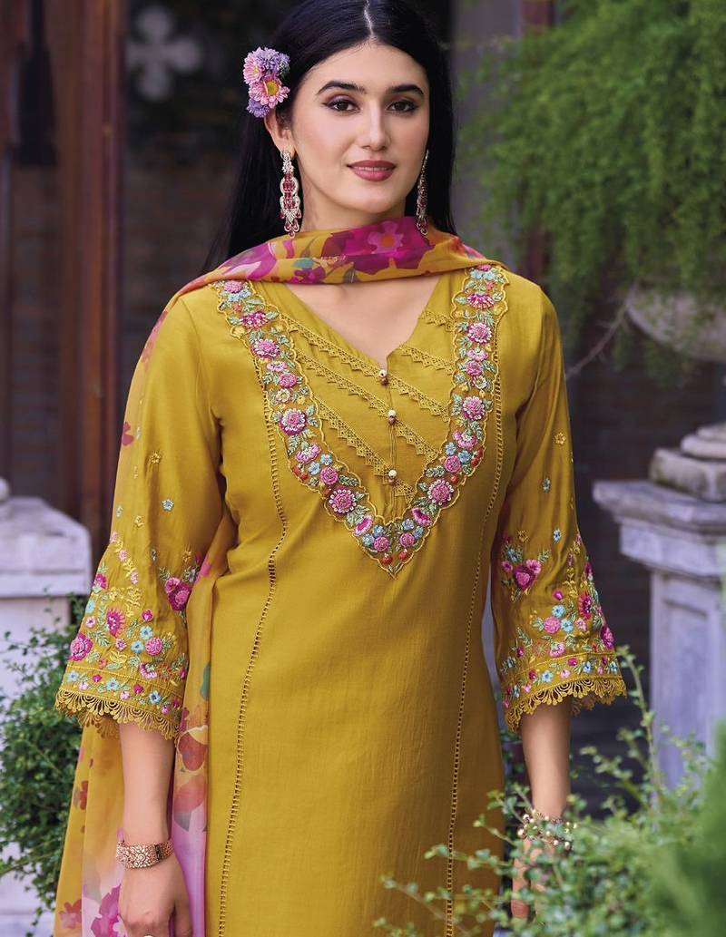 Floral Embroidered Thread Work  Cotton Straight Kurta With Trousers & Dupatta