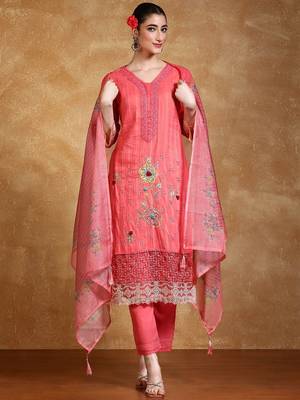 Floral Embroidered Thread Work  Cotton Kurta With Trousers & Dupatta 1