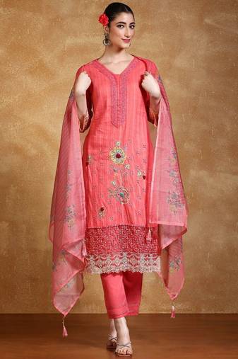 Floral Embroidered Thread Work  Cotton Kurta With Trousers & Dupatta