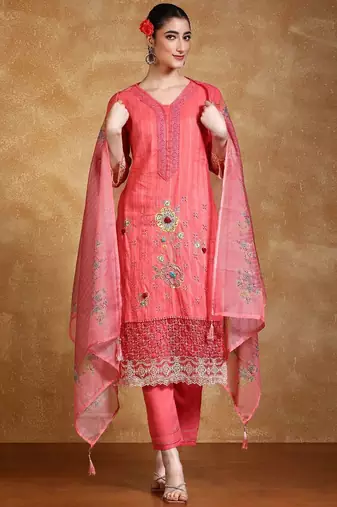 Floral Embroidered Thread Work  Cotton Kurta With Trousers & Dupatta