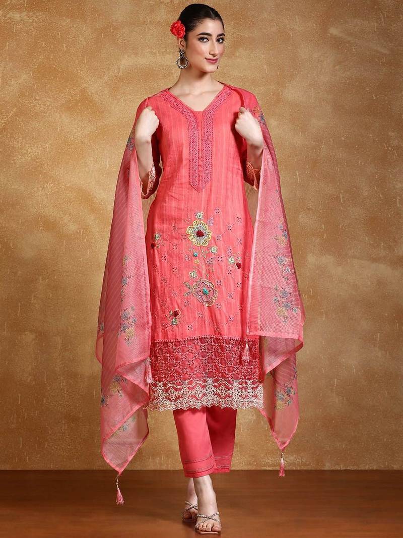 Floral Embroidered Thread Work  Cotton Kurta With Trousers & Dupatta