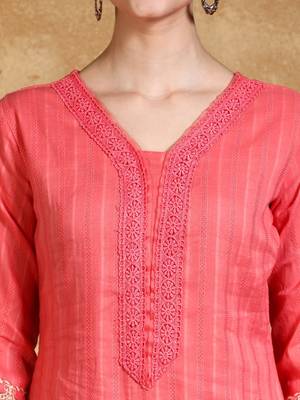 Floral Embroidered Thread Work  Cotton Kurta With Trousers & Dupatta 2