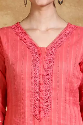 Floral Embroidered Thread Work  Cotton Kurta With Trousers & Dupatta