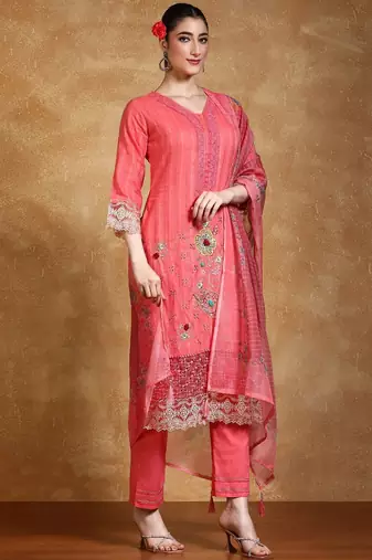 Floral Embroidered Thread Work  Cotton Kurta With Trousers & Dupatta