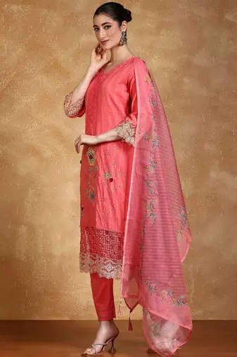 Floral Embroidered Thread Work  Cotton Kurta With Trousers & Dupatta