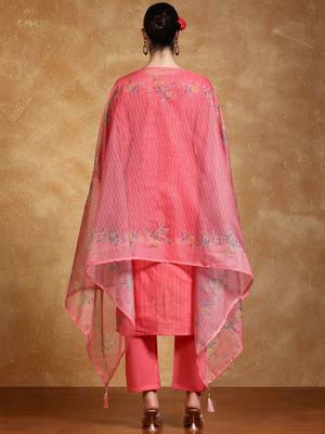 Floral Embroidered Thread Work  Cotton Kurta With Trousers & Dupatta 5