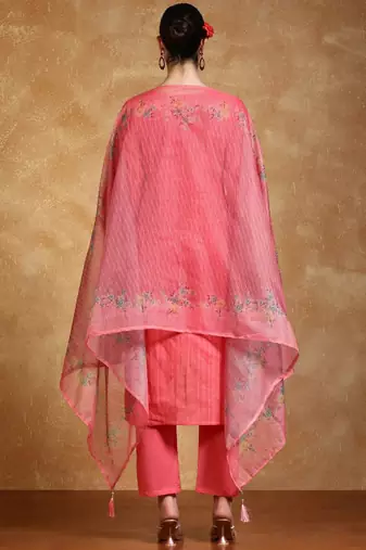 Floral Embroidered Thread Work  Cotton Kurta With Trousers & Dupatta