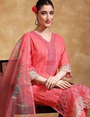 Floral Embroidered Thread Work  Cotton Kurta With Trousers & Dupatta 6
