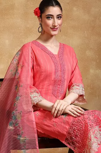Floral Embroidered Thread Work  Cotton Kurta With Trousers & Dupatta