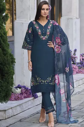 Floral Embroidered Thread Work  Cotton Straight Kurta With Trouser And Dupatta