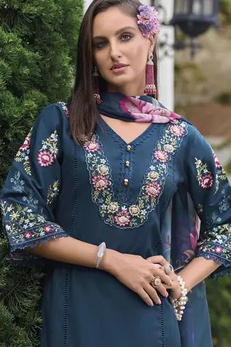 Floral Embroidered Thread Work  Cotton Straight Kurta With Trouser And Dupatta