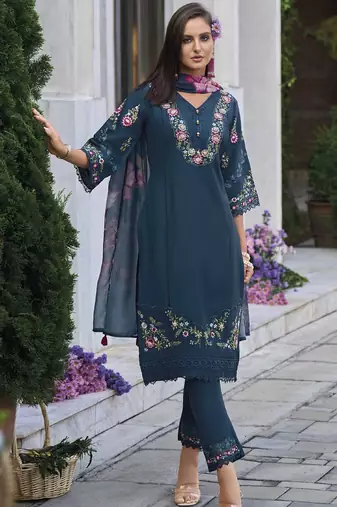 Floral Embroidered Thread Work  Cotton Straight Kurta With Trouser And Dupatta