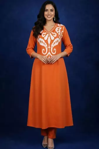 Cotton Rust Printed A Line Kurta With Trousers