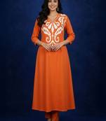 Cotton Rust Printed A Line Kurta With Trousers