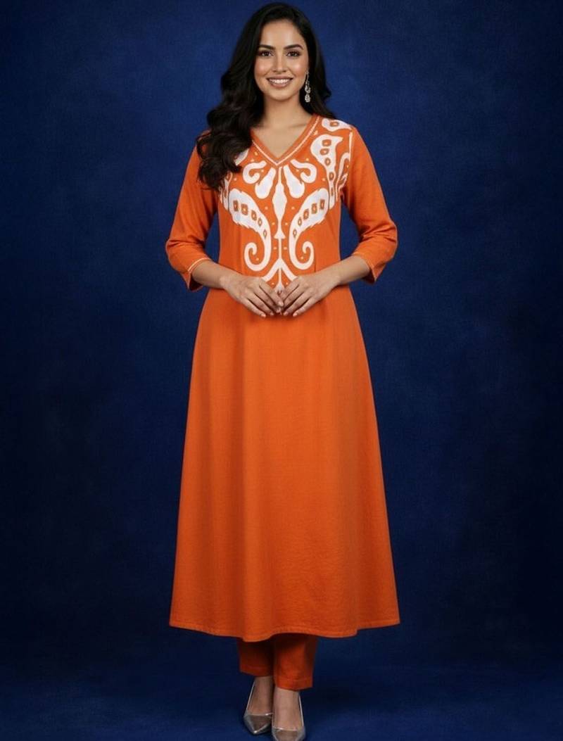 Cotton Rust Printed A Line Kurta With Trousers