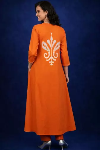 Cotton Rust Printed A Line Kurta With Trousers