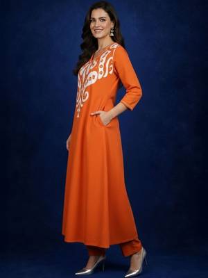 Cotton Rust Printed A Line Kurta With Trousers 4