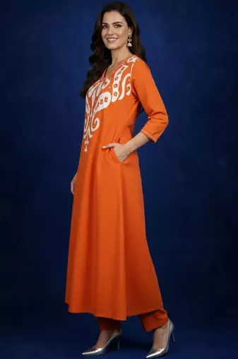 Cotton Rust Printed A Line Kurta With Trousers