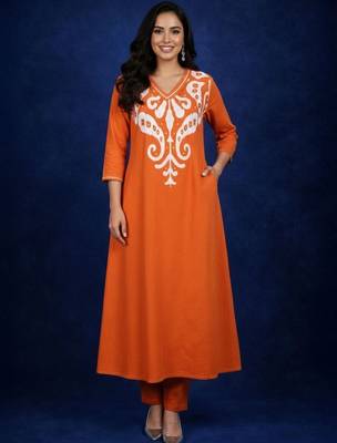 Cotton Rust Printed A Line Kurta With Trousers 5