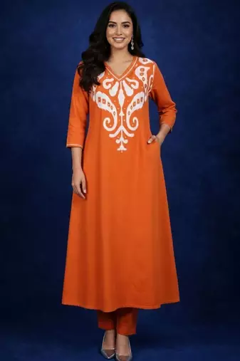Cotton Rust Printed A Line Kurta With Trousers