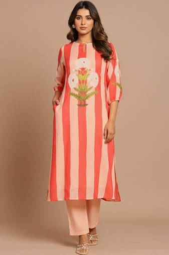 Women Striped Regular Kurta with Trousers