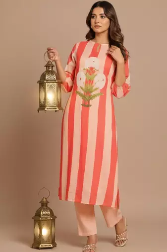 Women Striped Regular Kurta with Trousers