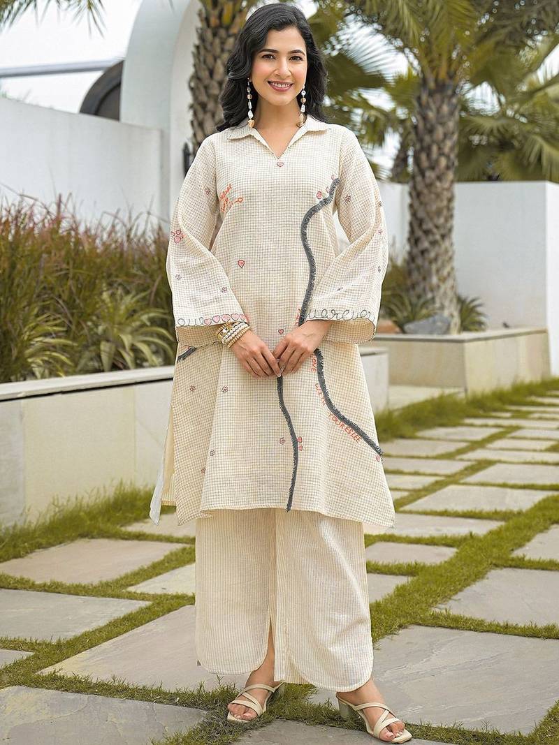 Off-White Kurta And Palazzo Set Featuring Textured Checks And Contemporary Abstract Embroidery