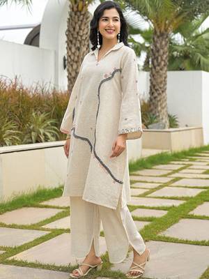 Off-White Kurta And Palazzo Set Featuring Textured Checks And Contemporary Abstract Embroidery 3